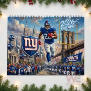 A dramatic illustration featuring a Giants player running in the foreground surrounded by fans city buildings helmets and team banners!