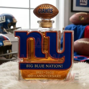 New York Giants NY shaped whiskey bottle with football topper and centennial theme displayed on white fur!