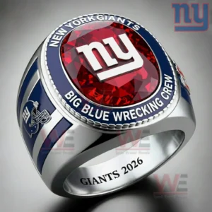 Red and silver New York Giants football championship ring with a large red gemstone look center and classic team inspired design!