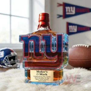 New York Giants NY shaped whiskey bottle with red seal top on white fur surrounded by football items!