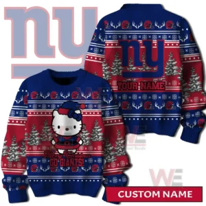 A blue and red holiday sweater displaying a festive character and winter tree patterns with team themed logos and text across the front and back!