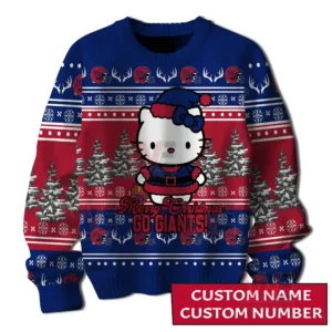 Front view of a festive team themed holiday sweater with a central character winter trees and decorative sports motifs!
