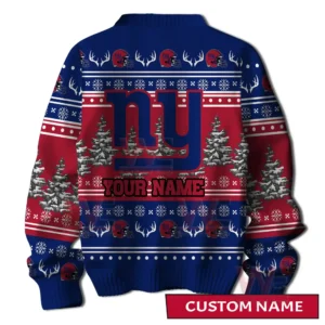 Back view of a holiday sweater showing a large team logo customizable name space and winter themed decorative patterns!