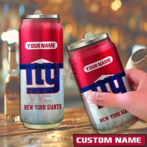 Customizable red and silver New York Giants can shaped tumbler shown in a bar scene.