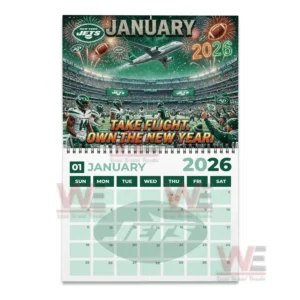 January twenty twenty six New York Jets calendar page with players fans fireworks and an airplane above the stadium.