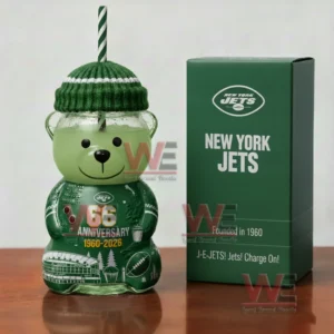 Bear shaped New York Jets themed glass cup with hat and straw next to a green anniversary box!