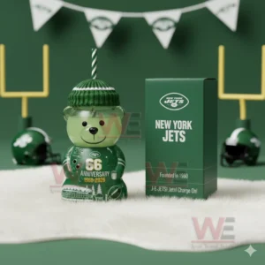 New York Jets bear glass cup with straw hat and box in a football themed display!