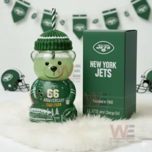 Bear shaped New York Jets glass cup with anniversary design and team themed background!