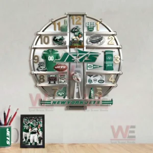 New York Jets themed wall clock displaying detailed football memorabilia arranged inside a metallic round frame!