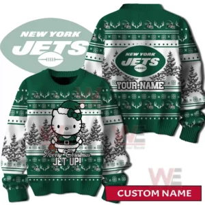 A green and white holiday sweater displaying a festive character winter tree patterns and team themed logos on both front and back!