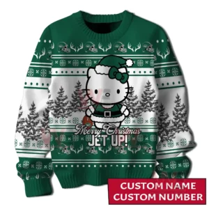 Front view of a festive team themed holiday sweater with a central character winter trees and decorative motifs!
