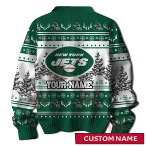 Back view of a green and white holiday sweater with a large team logo customizable name area and winter themed decorative patterns!