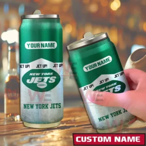 Customizable green and silver New York Jets can shaped tumbler shown in a bar scene.