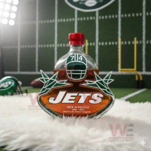 A Jets themed commemorative bottle displayed on a rug with a football field background!