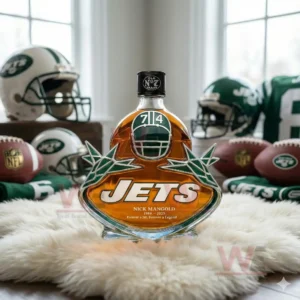 A Jets styled bottle arranged among football helmets and team collectibles!