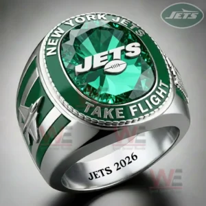 Green and silver New York Jets football championship ring with a large green gemstone look center and dynamic team inspired design!