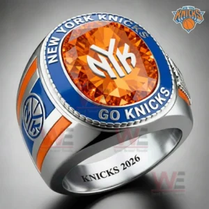 New York Knicks fan ring with orange gemstone center silver band and classic team logo representing energy passion and basketball dedication!