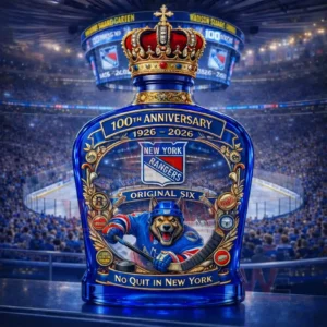 A blue New York Rangers anniversary bottle with a crown topper and hockey artwork displayed in front of a crowded arena!
