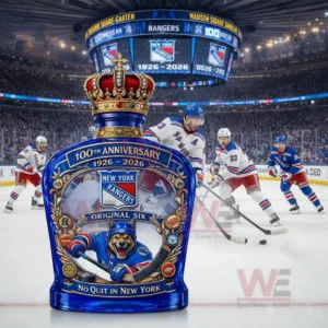 New York Rangers 100Th Anniversary 2026 Original Six Whiskey Bottle 4 A blue New York Rangers anniversary bottle with a crown topper in front of hockey players on the ice at a stadium!