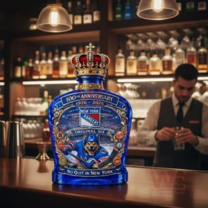 New York Rangers 100Th Anniversary 2026 Original Six Whiskey Bottle 5 A blue New York Rangers anniversary bottle with a crown topper and ornate label displayed on a bar counter with a bartender behind!