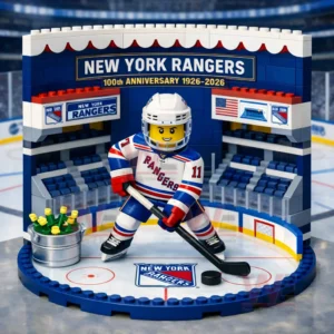 Building block New York Rangers hockey player figure on a rink base with arena backdrop and one hundredth anniversary signage.