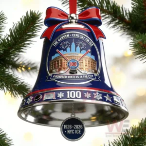 Blue hockey themed holiday bell ornament with arena illustration hanging on a decorated tree!