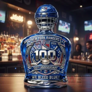 A blue hockey themed whiskey bottle with helmet cap team crest and anniversary artwork standing on a bar with lights and people behind it!