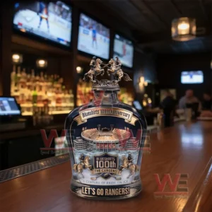 Decorative whiskey bottle with ornate stopper standing on a bar counter in a hockey themed venue!