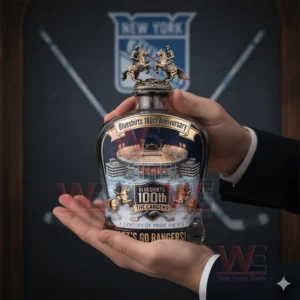 New York Rangers Blueshirts 100Th Anniversary Let's Go Rangers Whiskey Bottle 4 Hands holding a special edition whiskey bottle with detailed artwork and a hockey themed background!