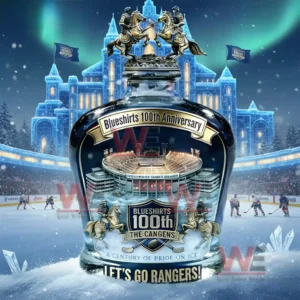 New York Rangers Blueshirts 100Th Anniversary Let's Go Rangers Whiskey Bottle 5 Decorative whiskey bottle standing on ice with a grand hockey arena and winter scenery in the background!