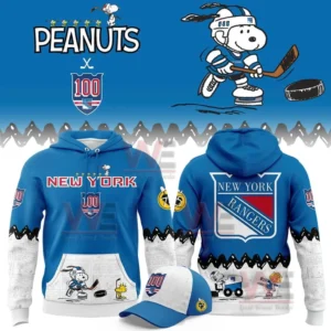 Blue hoodie with New York text on the front and a large New York Rangers shield logo on the back with Peanuts comic scenes.