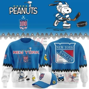Blue crewneck sweatshirt with New York text on the front and a large New York Rangers shield on the back with Peanuts comic strip graphics.