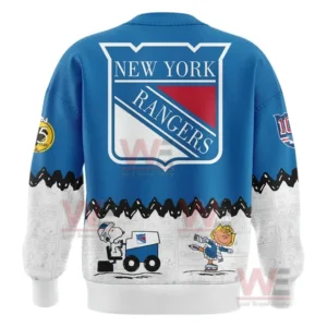Front of a blue sweatshirt with New York text and Peanuts hockey scene featuring Snoopy and Woodstock near the bottom.