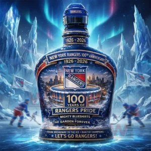 Centennial New York Rangers themed bottle standing on ice with players and glowing northern lights in a dramatic winter arena!