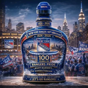 New York Rangers Pride 100Th Anniversary 1926-2026 Lets Go Rangers Whiskey Bottle 5 Rangers anniversary bottle in front of a packed crowd waving flags with the New York skyline glowing at night!