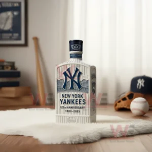 New York Yankees 122nd Anniversary 1903-2025 Whiskey Bottle 5 A white pinstripe Yankees whiskey bottle standing on a rug with a baseball and cap nearby in a sunlit room.