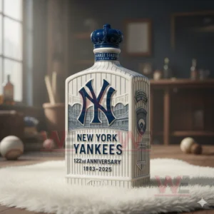 New York Yankees 122nd Anniversary 1903-2025 Whiskey Bottle 6 A Yankees themed whiskey bottle with a blue crown top placed on a white rug in a cozy room with baseball decor.