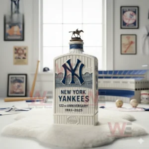 New York Yankees 122nd Anniversary 1903-2025 Whiskey Bottle 7 A commemorative Yankees whiskey bottle with a horse figure cap surrounded by baseball decor in a brightly lit room.
