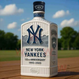 New York Yankees 122nd Anniversary 1903-2025 Whiskey Decanter 6 Black capped New York Yankees anniversary bottle displayed outdoors on a wooden surface with blurred greenery!