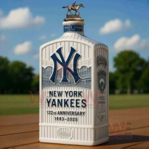 New York Yankees 122nd Anniversary 1903-2025 Whiskey Decanter 7 New York Yankees collectible anniversary bottle with a horse figure cap shown on a table in an open park area!