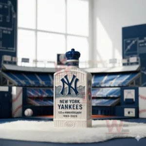 A cream pinstriped Yankees bottle with a blue crown cap set in a miniature stadium scene.