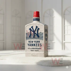 A cream Yankees pinstripe bottle with a red cap placed on white fur in a bright white room.