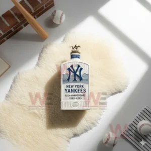 A Yankees pinstripe anniversary bottle on white fur with baseballs and a wooden bat nearby.