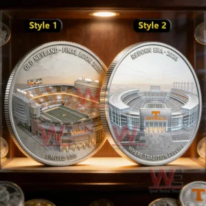 Two Neyland stadium commemorative coins displayed together representing the end of an era and the reborn era vision!