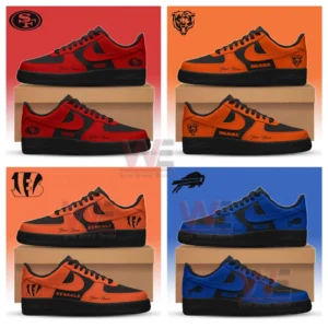 Four panel collage of black based team color sneakers with football team logos and names displayed on boxes with matching colored backgrounds!