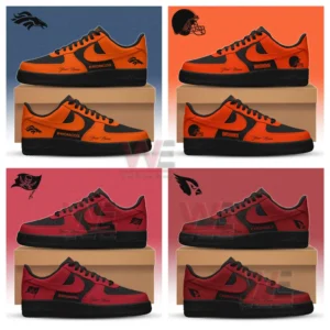 Four panel collage of black based sneakers in orange and red team colors for Broncos Browns Buccaneers and Cardinals with logos and team names!