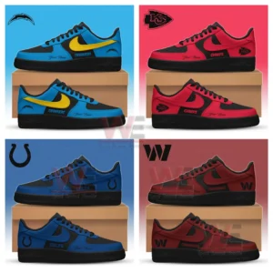 Four panel collage of black based sneakers for Chargers Chiefs Colts and Commanders featuring team logos and team names on the side!