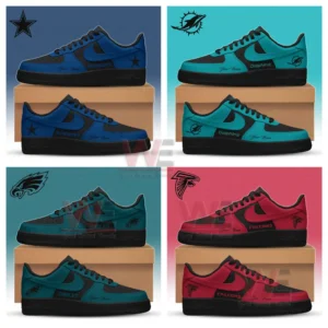 Four panel collage of black based sneakers in blue teal green and red colors for Cowboys Dolphins Eagles and Falcons with team logos and team names!