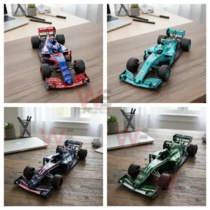Four nfl themed f1 model cars in team colors displayed on a wooden desk with office items in the background!