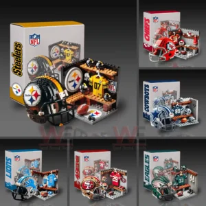 Building block football helmet sets with team lockers and boxes arranged in a grid layout!